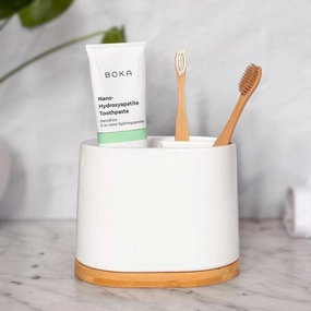 Large Toothbrush Holder for Bathrooms with Bamboo Base - White - 5.63"L x 4.53"W x 4.06"H toothbrush holder,bathroom cup,bathroom organizer