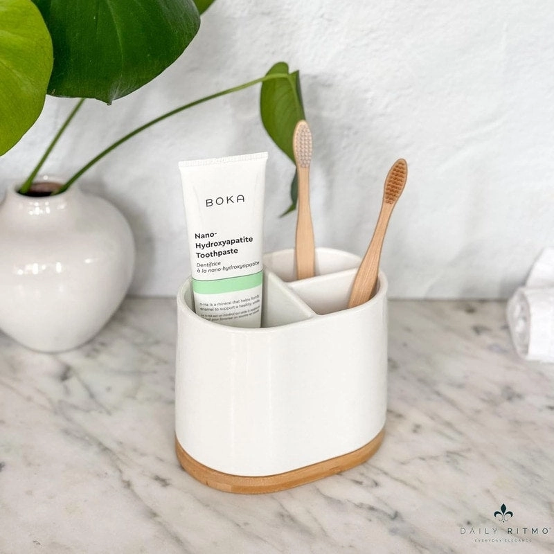 Large Toothbrush Holder for Bathrooms with Bamboo Base - White - 5.63"L x 4.53"W x 4.06"H