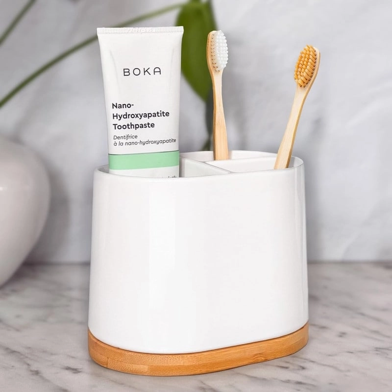 Large Toothbrush Holder for Bathrooms with Bamboo Base - White - 5.63"L x 4.53"W x 4.06"H