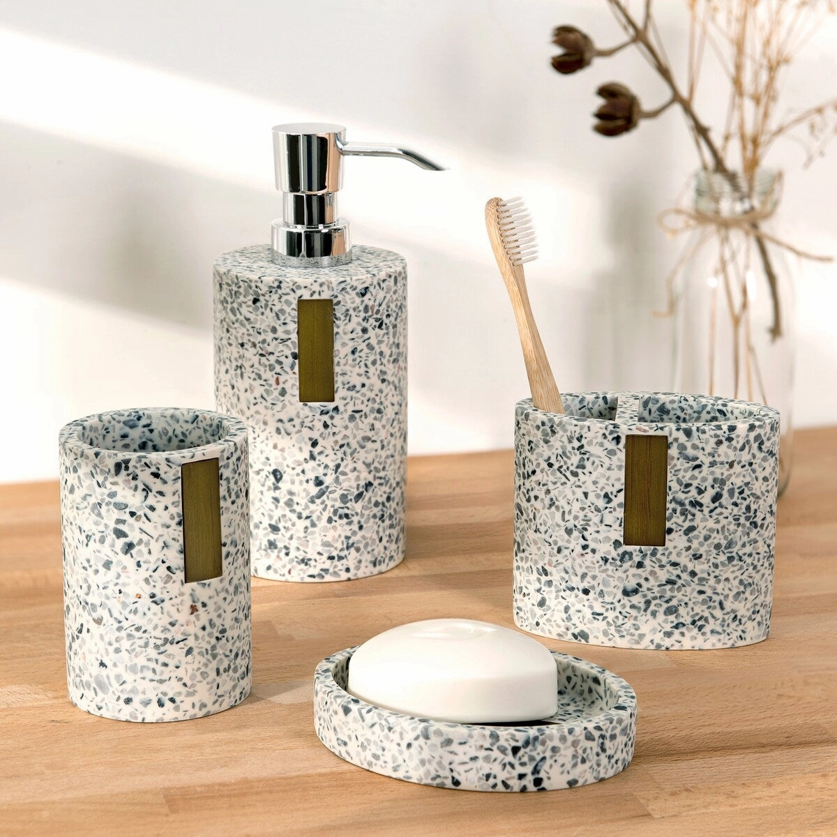 Lerrazzo Toothbrush Holder - Grey/Natrual - 4.13" x 2.2" x 3.55"