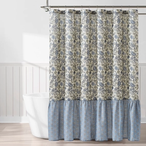 Lillian Block Print Linen Textured Shower Curtain shower curtain,bath curtain,bathroom decor