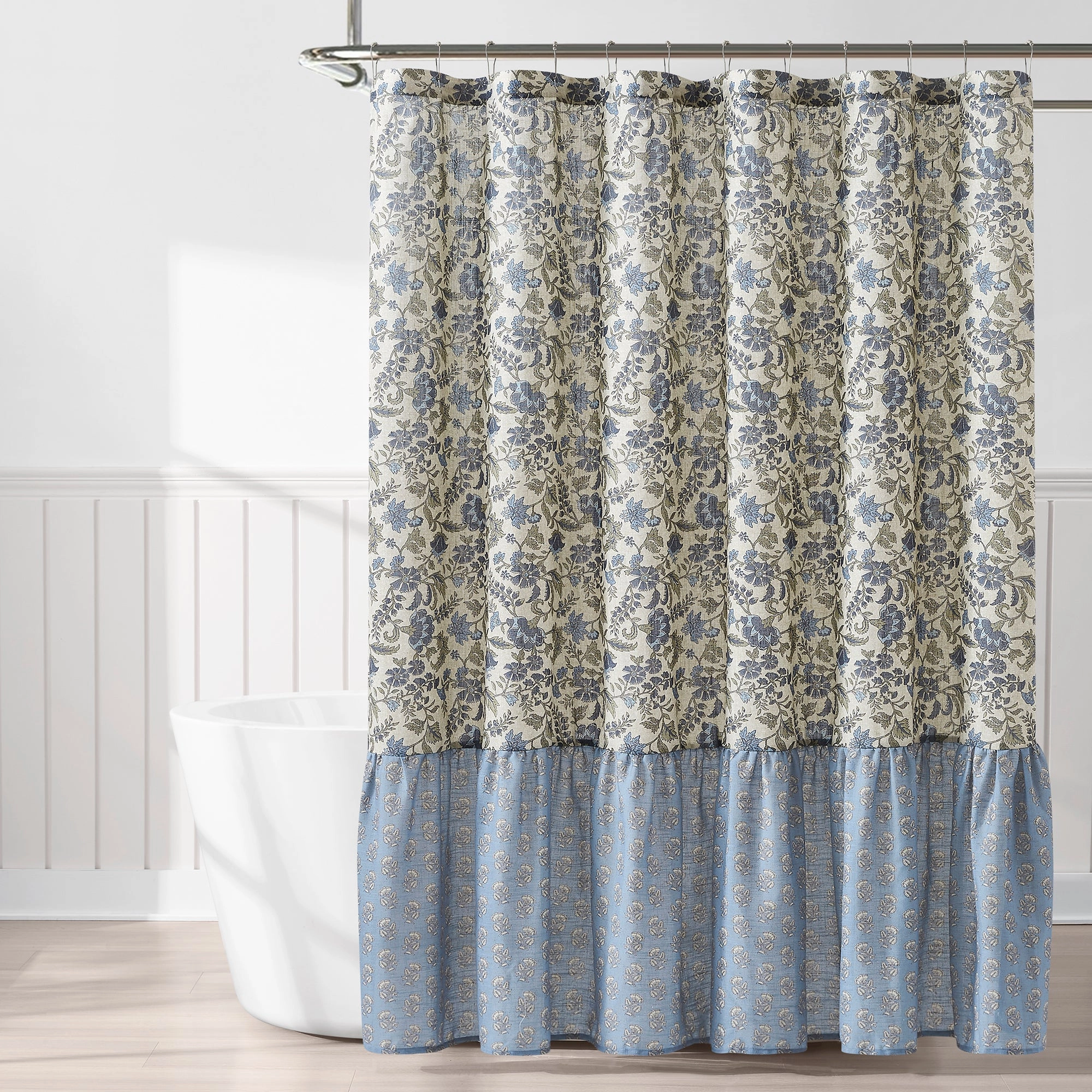 Lillian Block Print Linen Textured Shower Curtain shower curtain,bath curtain,bathroom decor