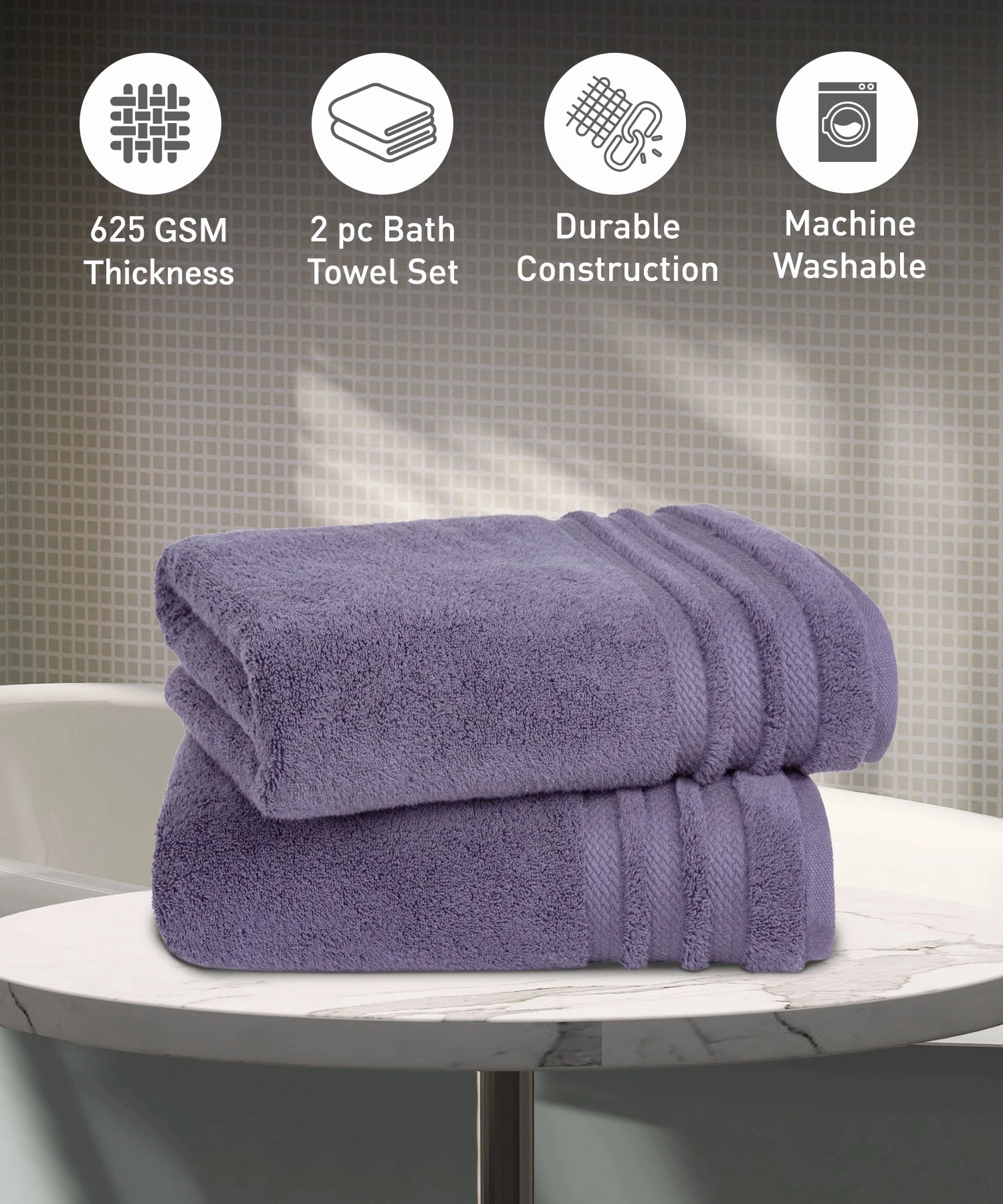 Luxury 2Pc Bath Towel Set, 625 Gsm, Purple