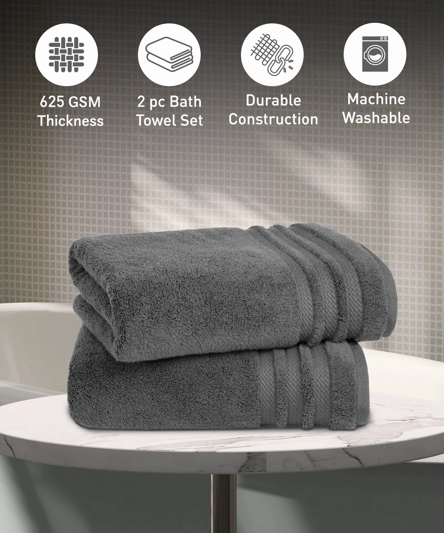 Luxury 2Pc Bath Towel Set , 625 Gsm, Charcoal