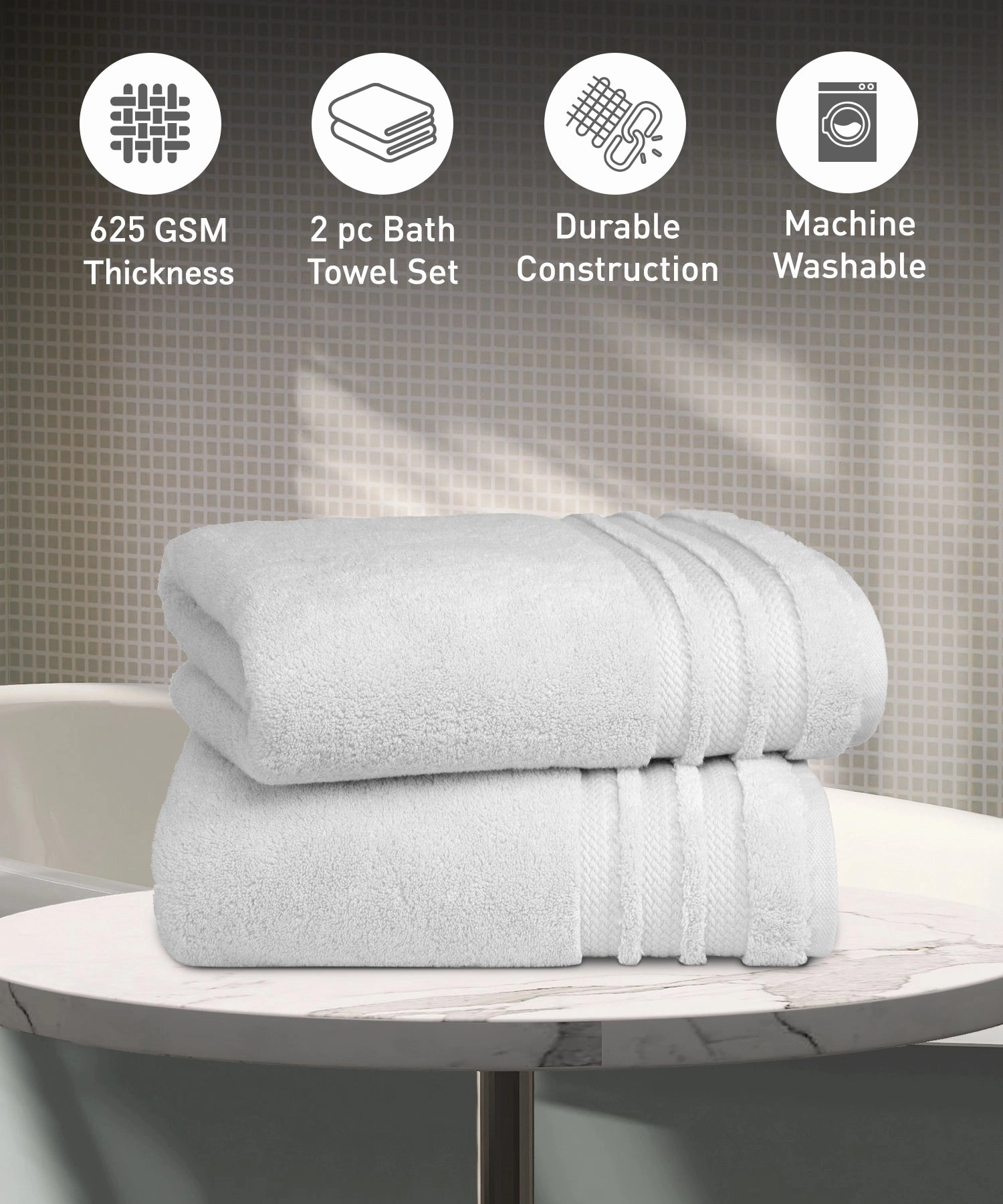 Luxury 2Pc Bath Towel Set , 625 Gsm, Grey