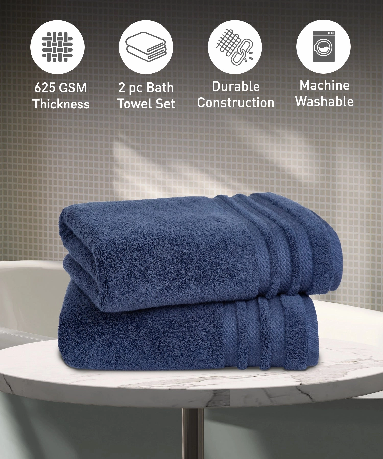 Luxury 2Pc Bath Towel Set , 625 Gsm, Navy