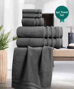 Luxury 6 Pc Towel set, 625 GSM, Antimicrobial, Premium Cotton, Charcoal bath towels,soft towels,bathroom textiles