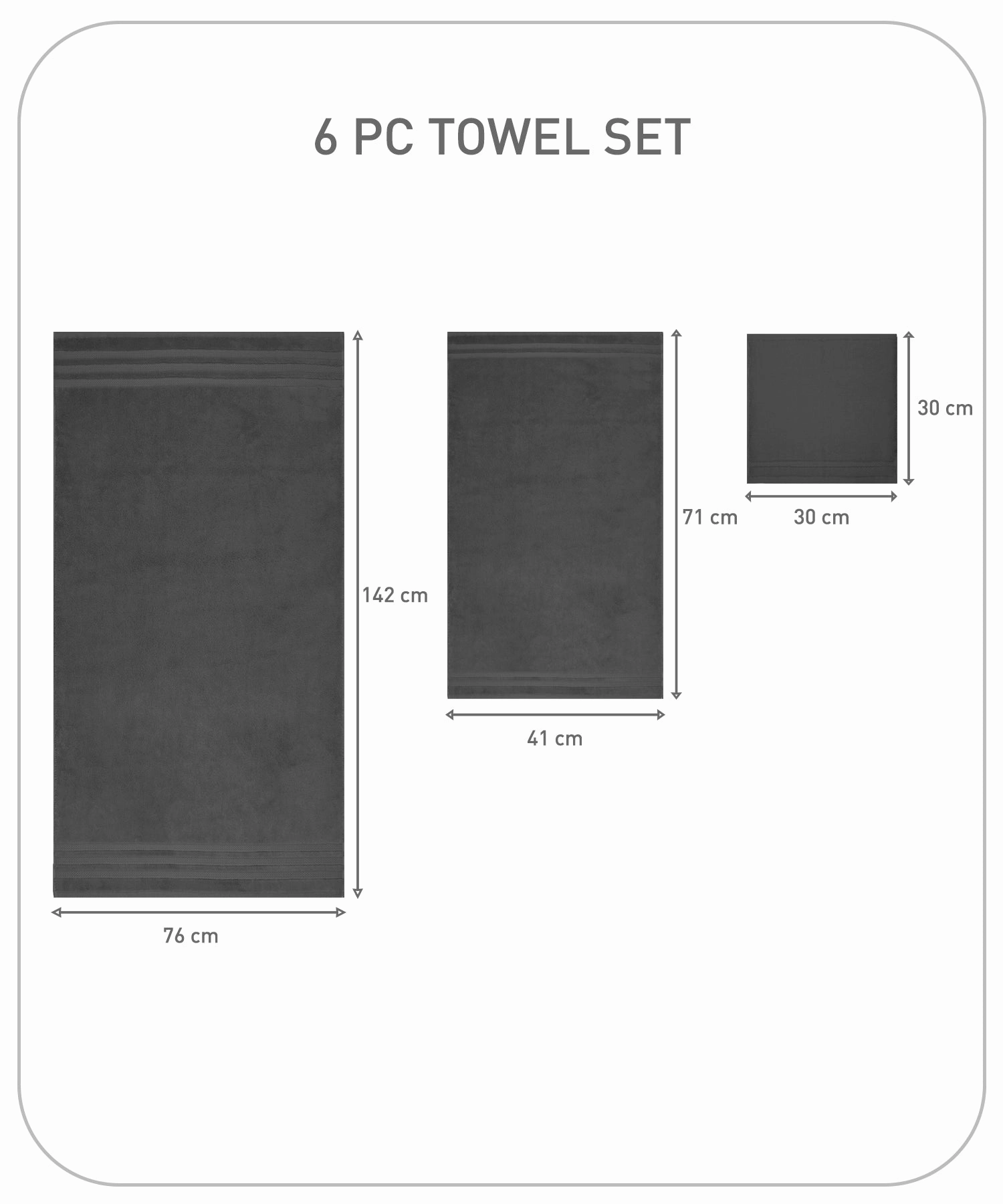 Luxury 6 Pc Towel set, 625 GSM, Antimicrobial, Premium Cotton, Charcoal