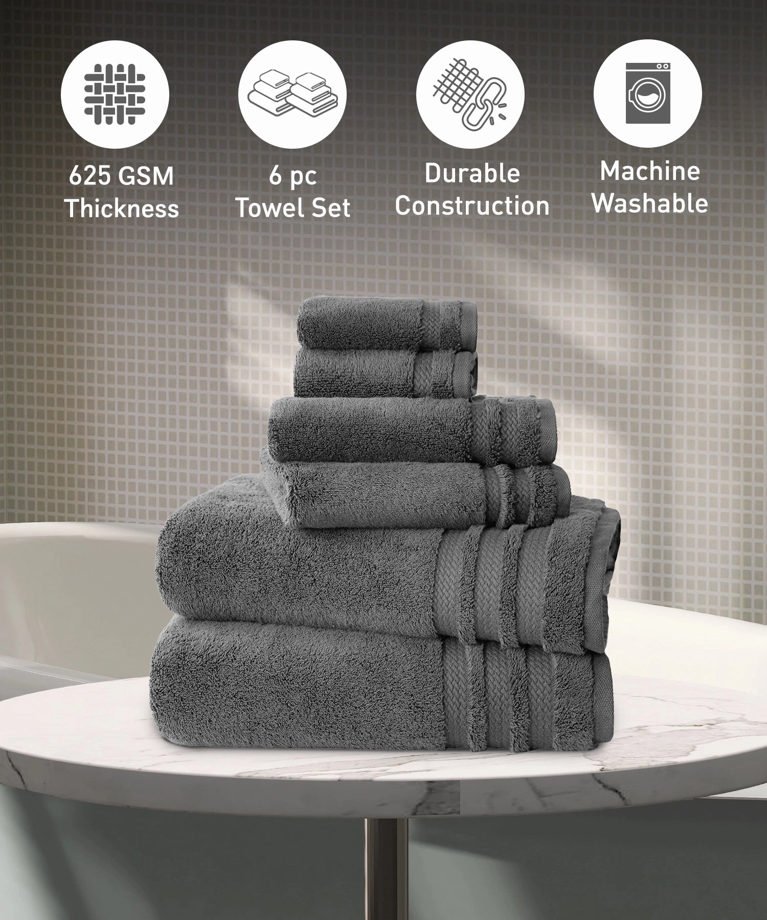 Luxury 6 Pc Towel set, 625 GSM, Antimicrobial, Premium Cotton, Charcoal