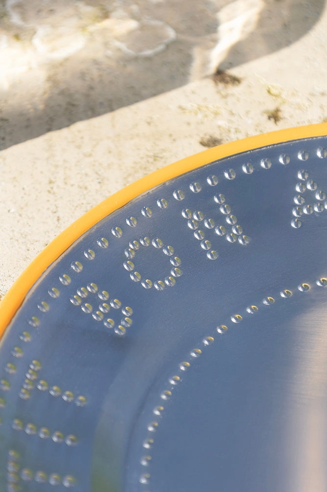Metal & Orange Rim Bon Appetit Dinner Plate
