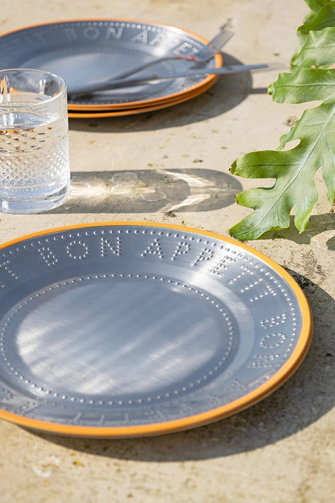 Metal & Orange Rim Bon Appetit Dinner Plate