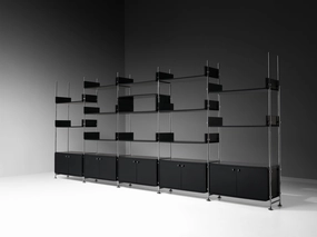 Michel Ducaroy Modular Wall Unit in Black Lacquered Wood and Steel storage cabinet,organizer,furniture storage