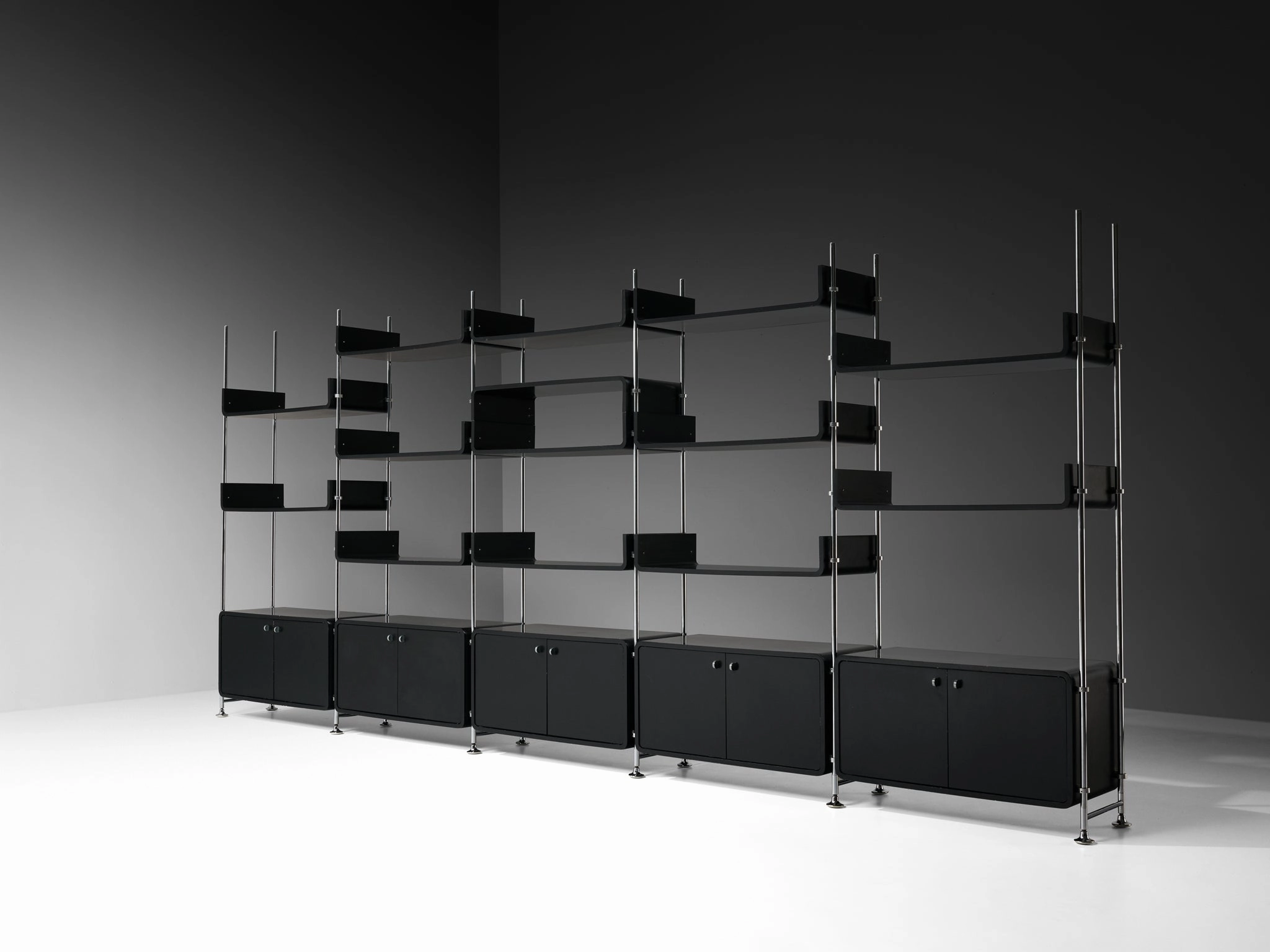 Michel Ducaroy Modular Wall Unit in Black Lacquered Wood and Steel storage cabinet,organizer,furniture storage
