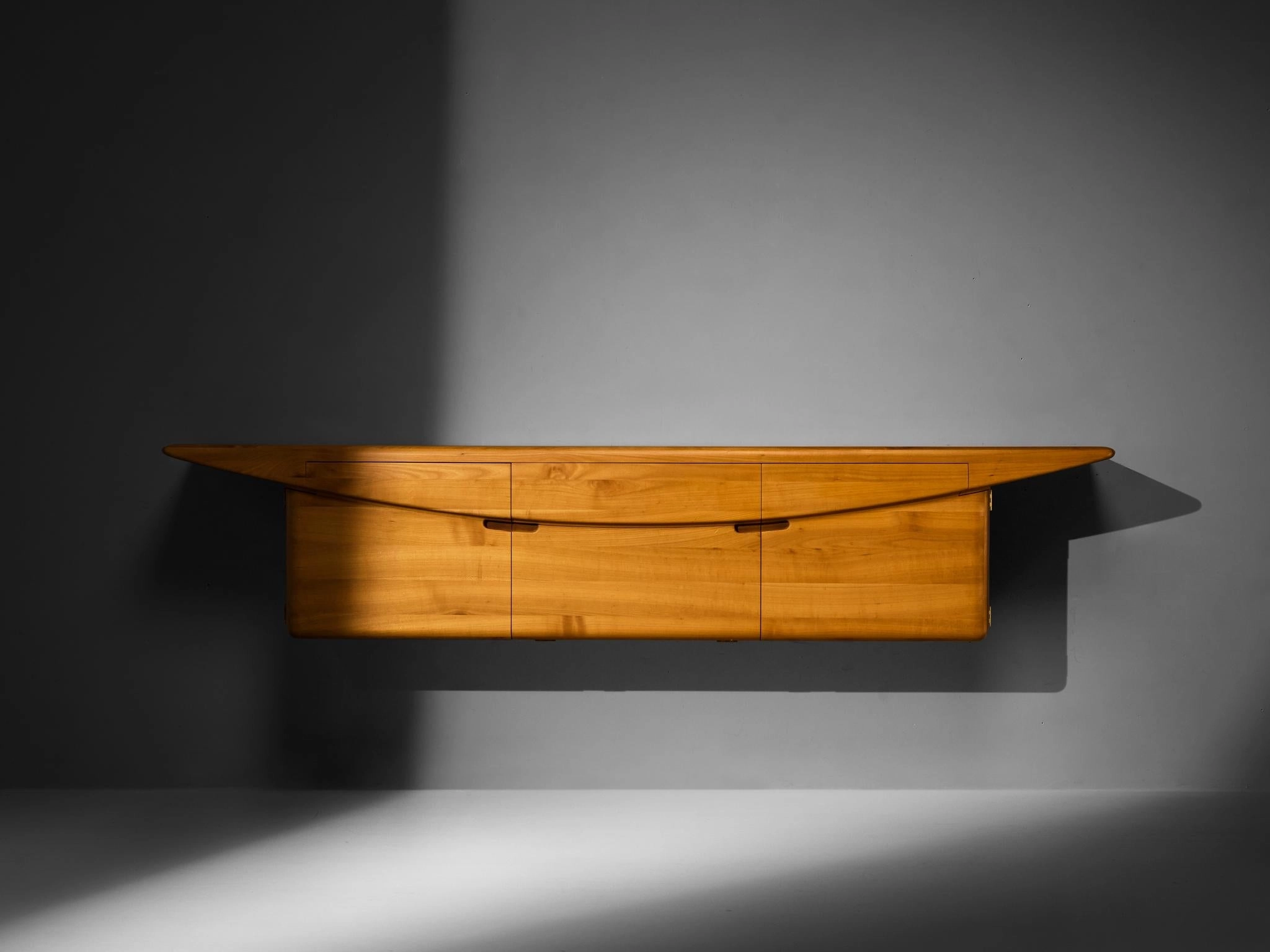 Mid-Century Inspired Sculptural Wall Mounted Sideboard in Solid Elm & Brass
