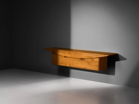 Mid-Century Inspired Sculptural Wall Mounted Sideboard in Solid Elm & Brass storage cabinet,organizer,furniture storage