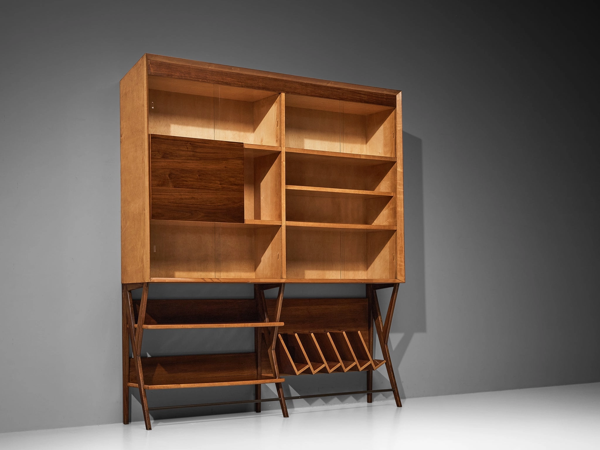 Mid-Century Modern Italian Wall Unit in Maple and Walnut