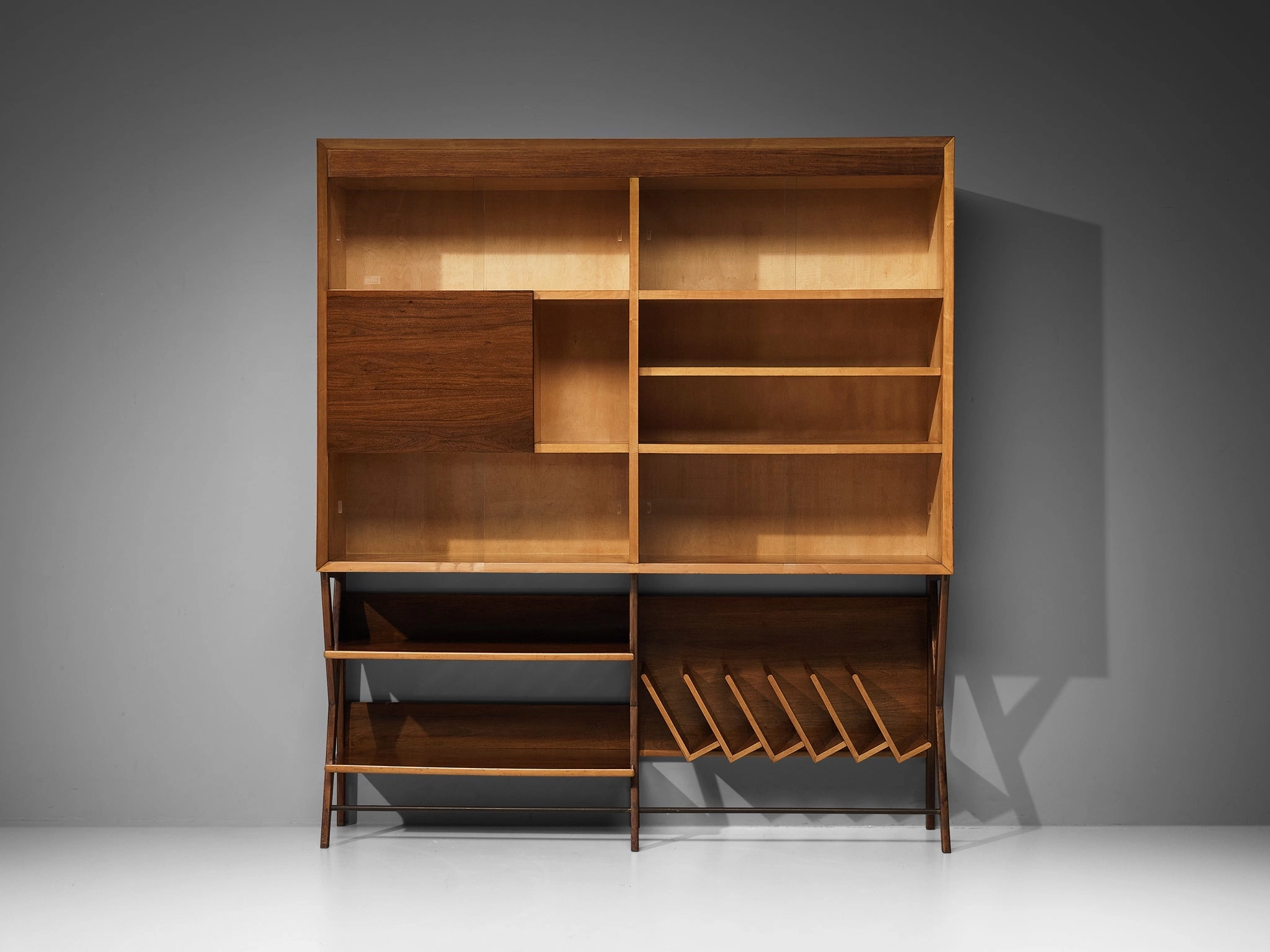 Mid-Century Modern Italian Wall Unit in Maple and Walnut