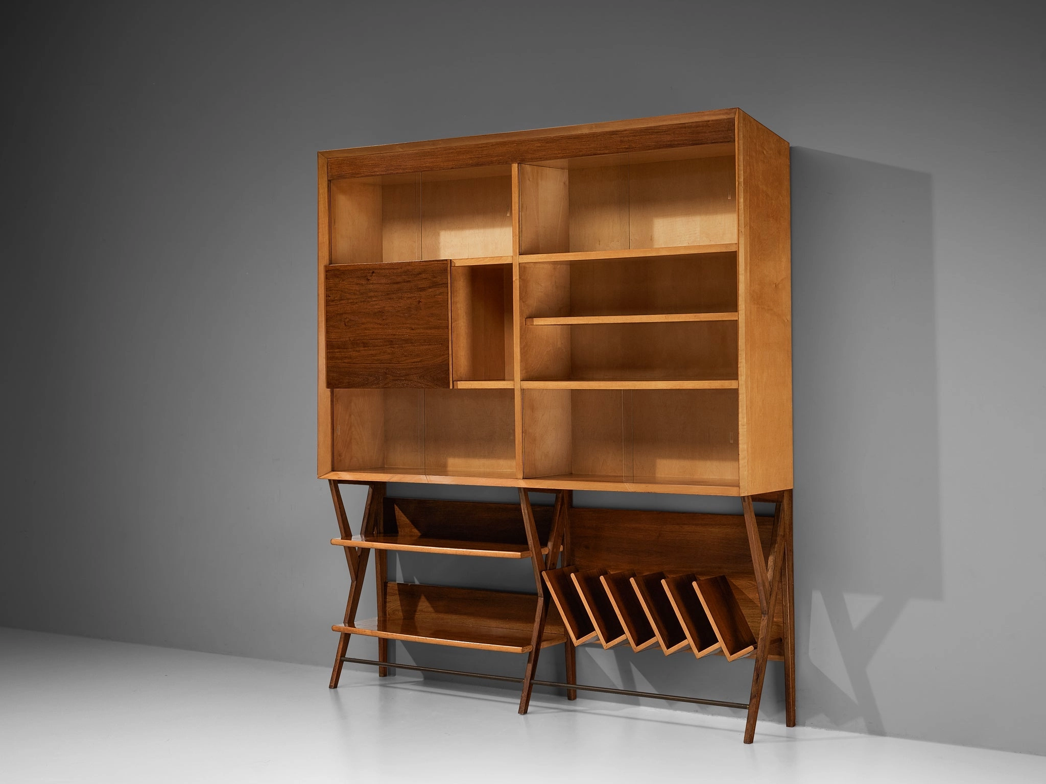 Mid-Century Modern Italian Wall Unit in Maple and Walnut storage cabinet,organizer,furniture storage