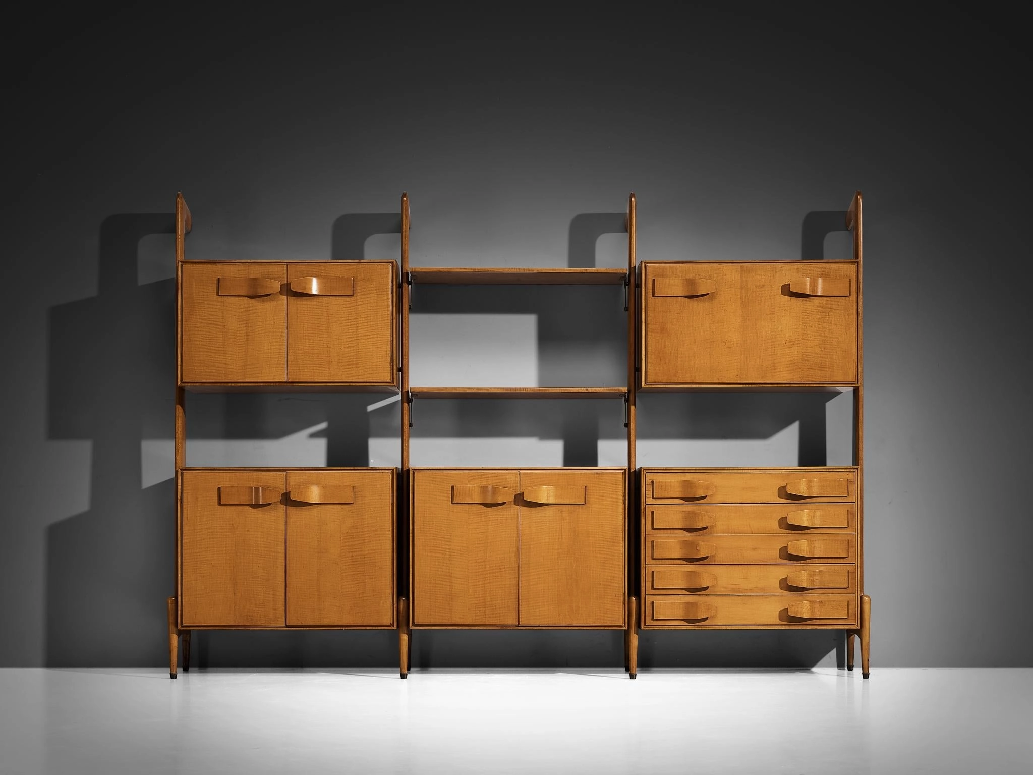 Mid-Century Modern Large Italian Bookcase in Cherry and Brass