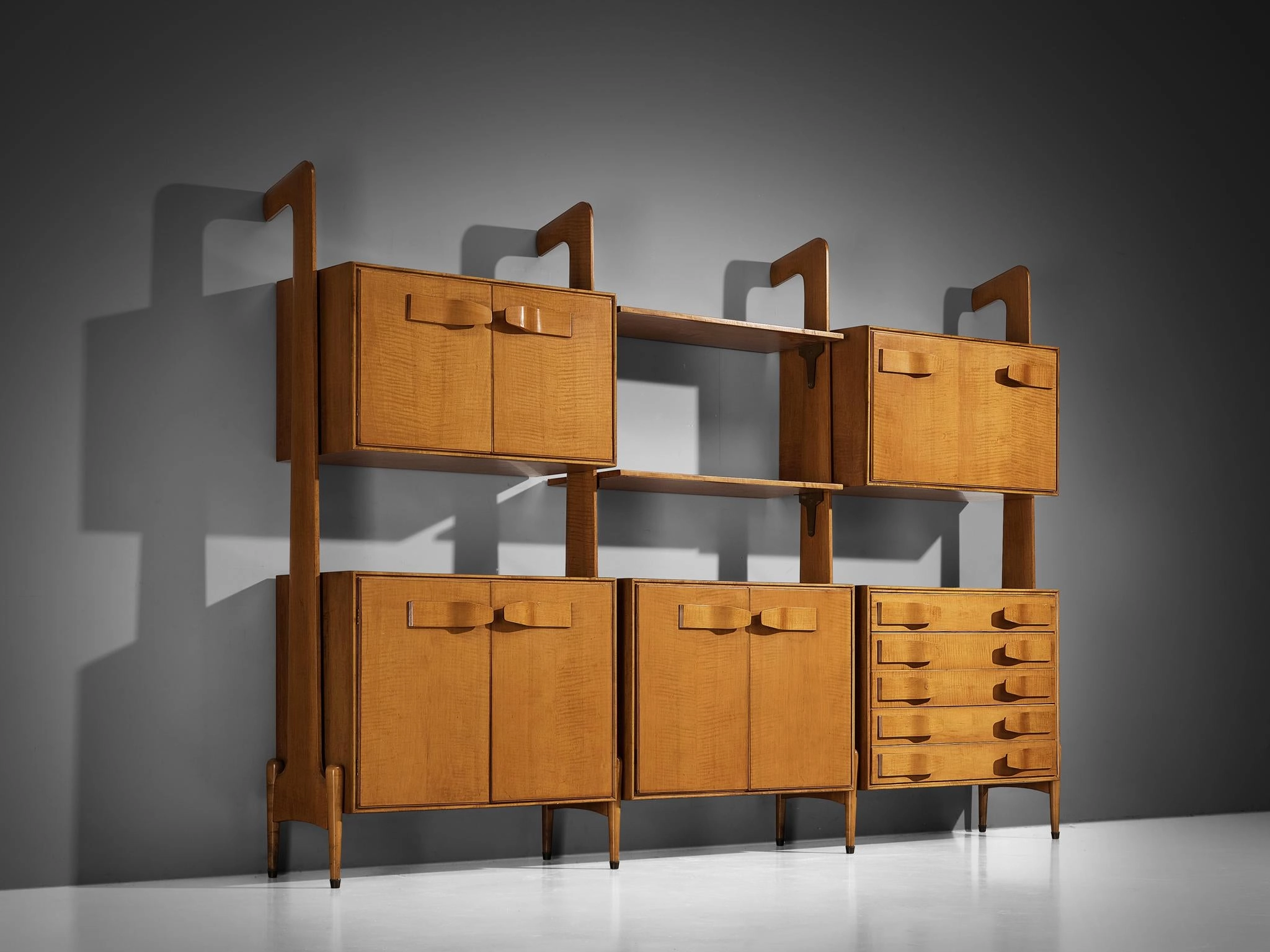 Mid-Century Modern Large Italian Bookcase in Cherry and Brass