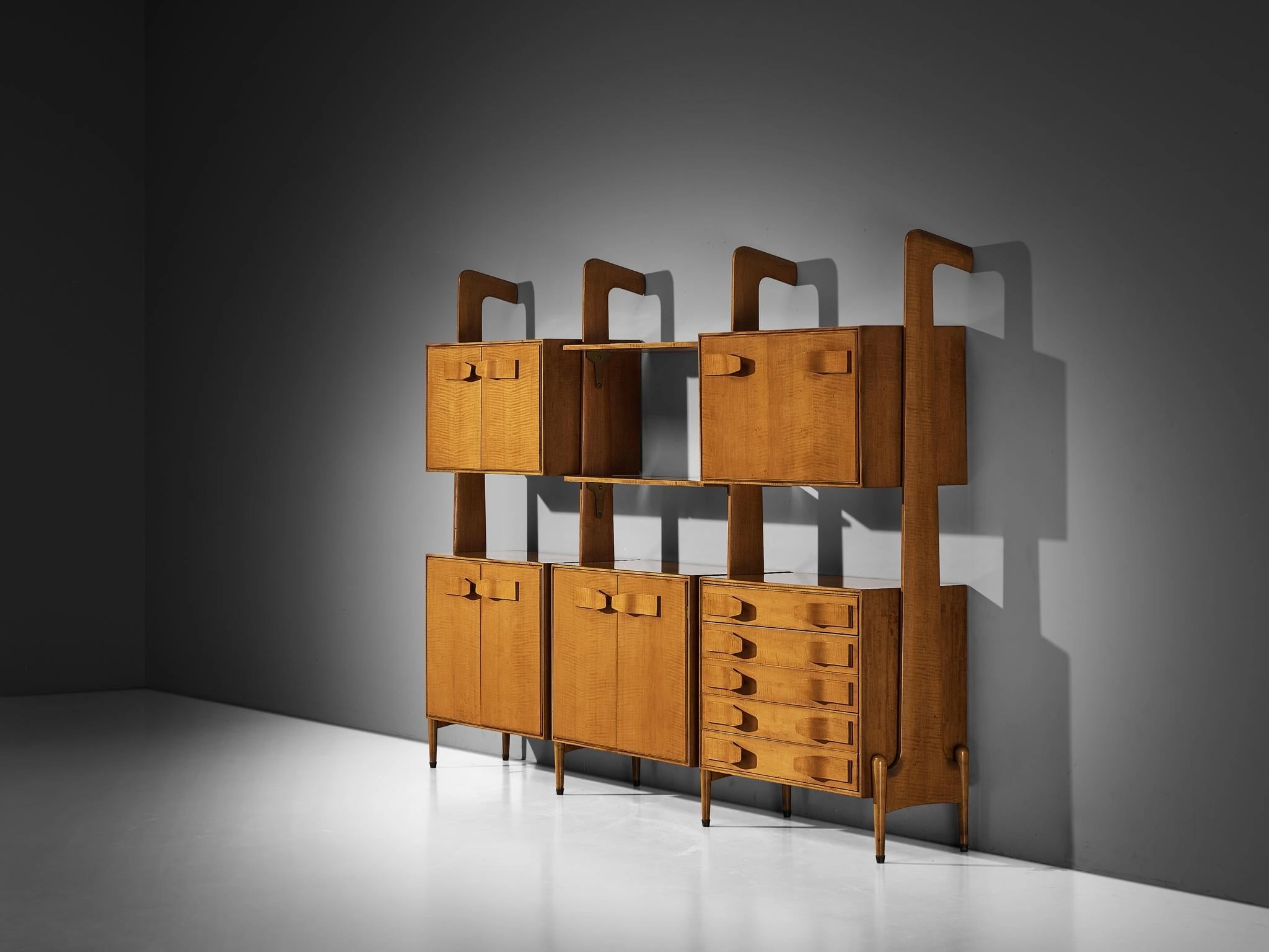 Mid-Century Modern Large Italian Bookcase in Cherry and Brass