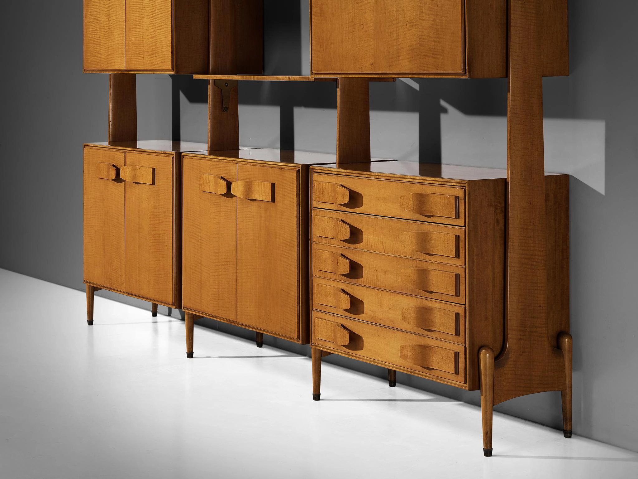 Mid-Century Modern Large Italian Bookcase in Cherry and Brass