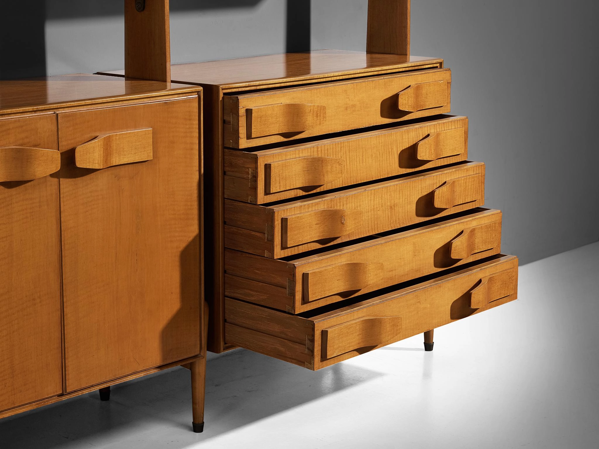 Mid-Century Modern Large Italian Bookcase in Cherry and Brass