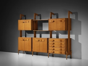 Mid-Century Modern Large Italian Bookcase in Cherry and Brass storage cabinet,organizer,furniture storage