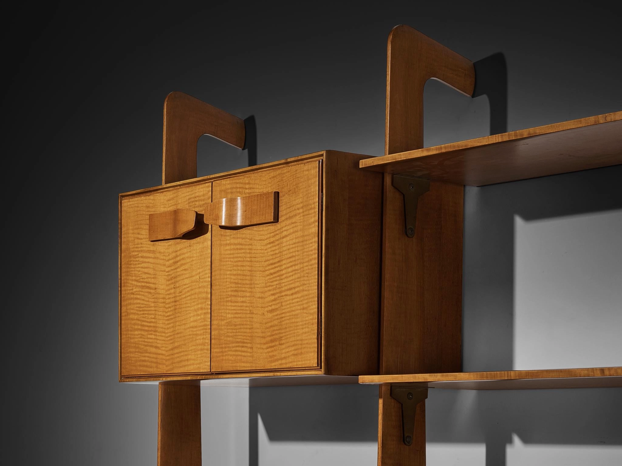 Mid-Century Modern Large Italian Bookcase in Cherry and Brass