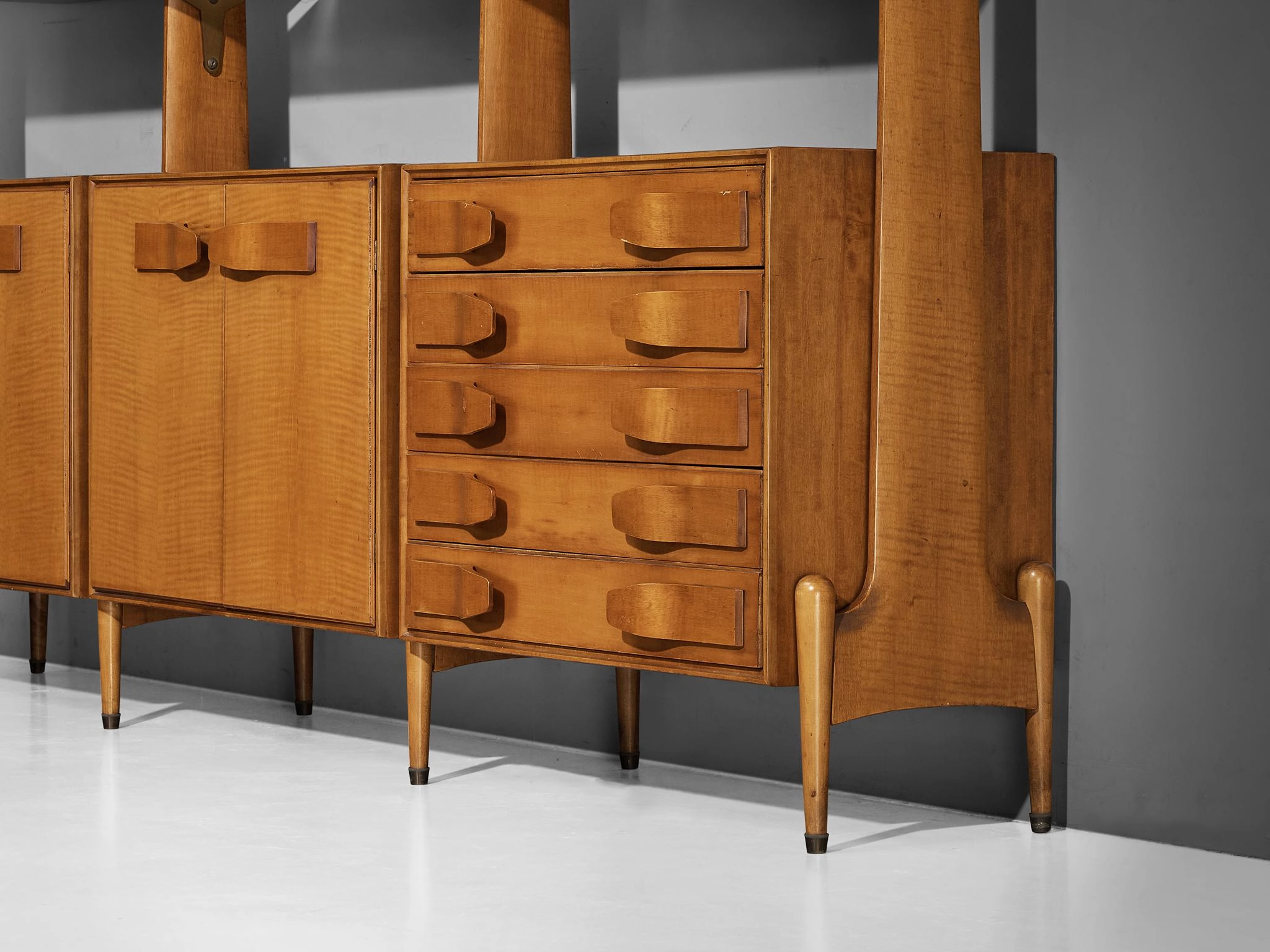 Mid-Century Modern Large Italian Bookcase in Cherry and Brass