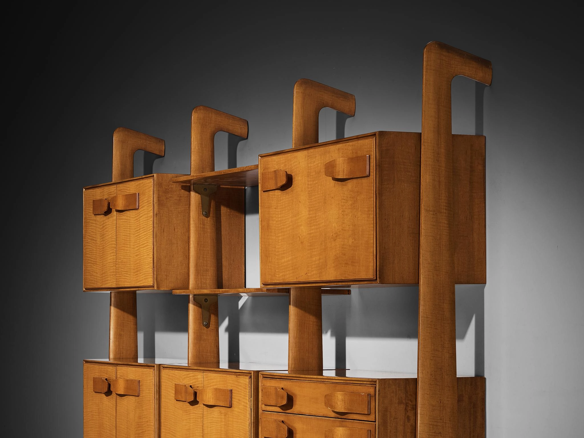 Mid-Century Modern Large Italian Bookcase in Cherry and Brass