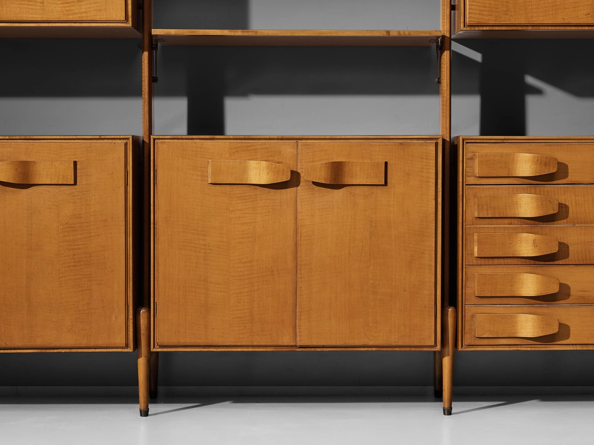 Mid-Century Modern Large Italian Bookcase in Cherry and Brass