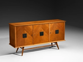 Mid-Century Modern Sideboard in Oak with Geometric Leather Details storage cabinet,organizer,furniture storage