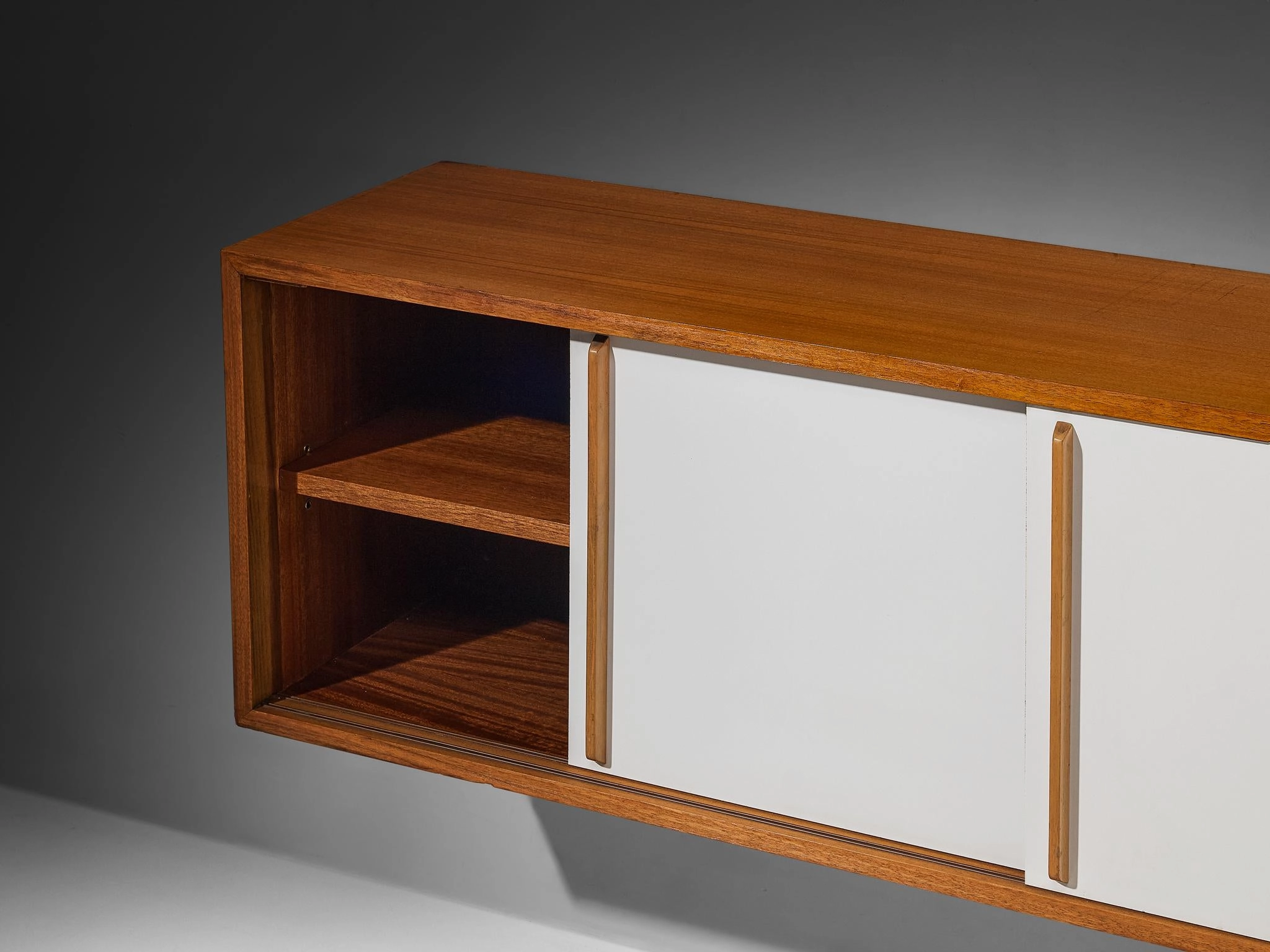 Mid-Century Modern Wall-Mounted Sideboard in Walnut with White Panels 1960s