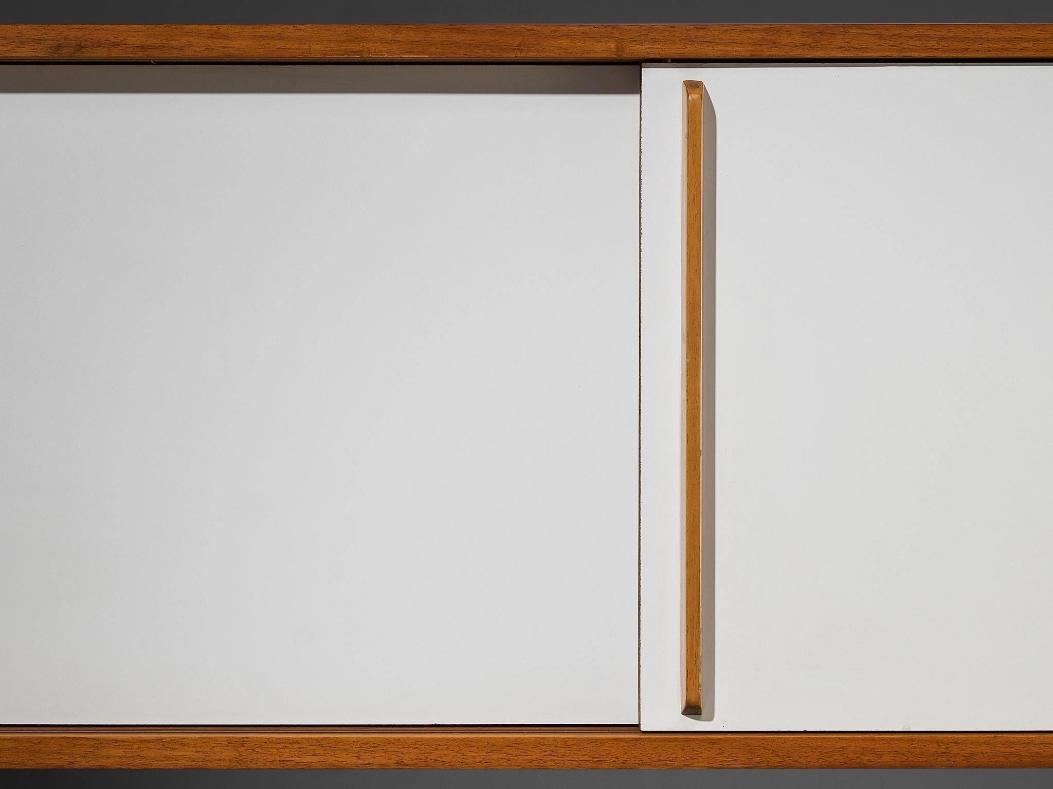 Mid-Century Modern Wall-Mounted Sideboard in Walnut with White Panels 1960s