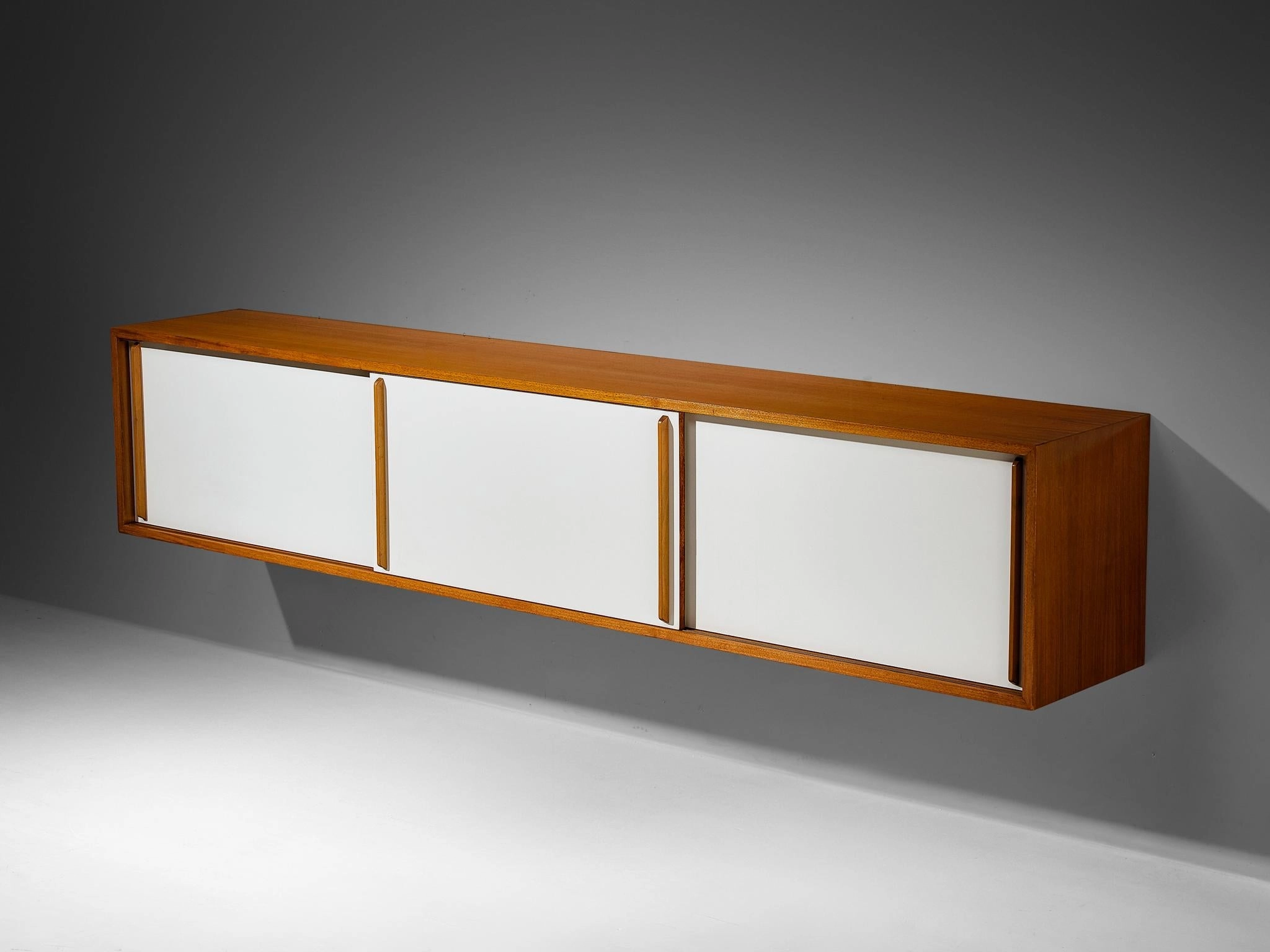 Mid-Century Modern Wall-Mounted Sideboard in Walnut with White Panels 1960s storage cabinet,organizer,furniture storage