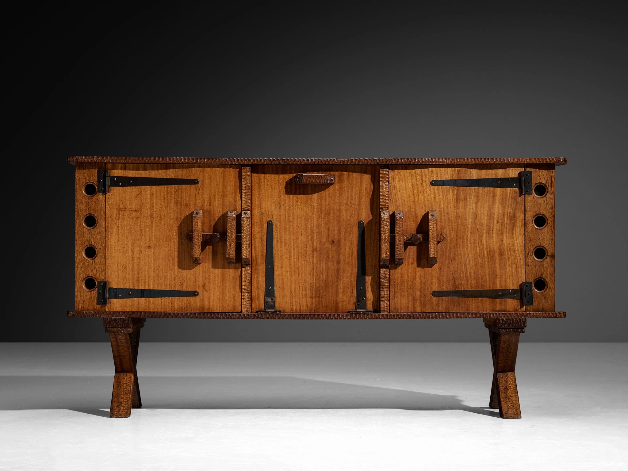 Mid-Century Sculptural Sideboard in Meranti and Wrought Iron