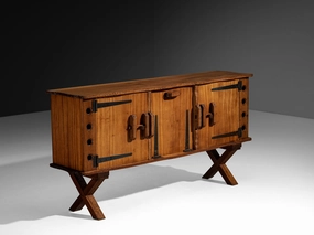 Mid-Century Sculptural Sideboard in Meranti and Wrought Iron storage cabinet,organizer,furniture storage