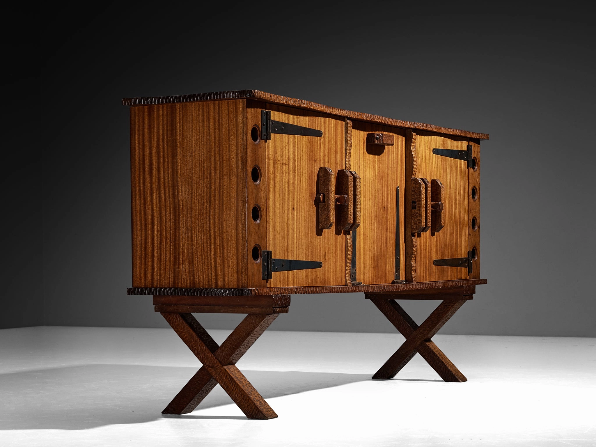 Mid-Century Sculptural Sideboard in Meranti and Wrought Iron