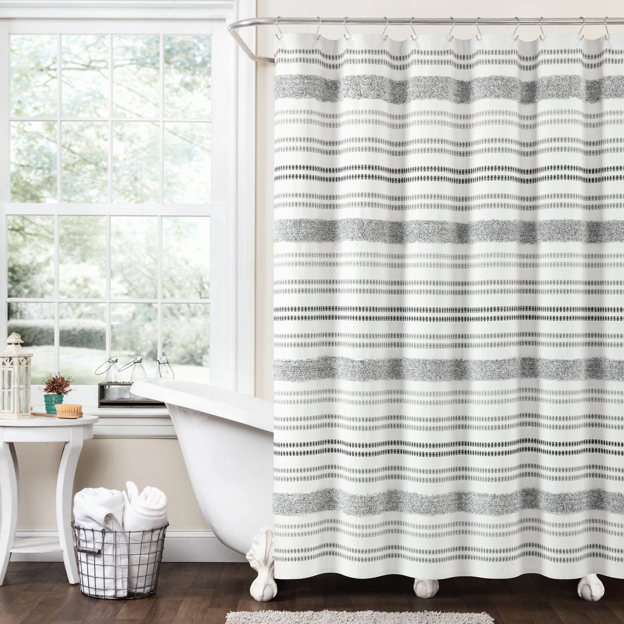 Modern Tufted Stripe Yarn Dyed Recycled Cotton Blend Shower Curtain shower curtain,bath curtain,bathroom decor