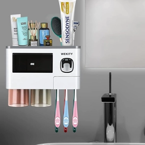 Multi-Functional Bathroom Toothbrush Holder Wall Mounted Set with Toothpaste Dispenser - Grey toothbrush holder,bathroom cup,bathroom organizer