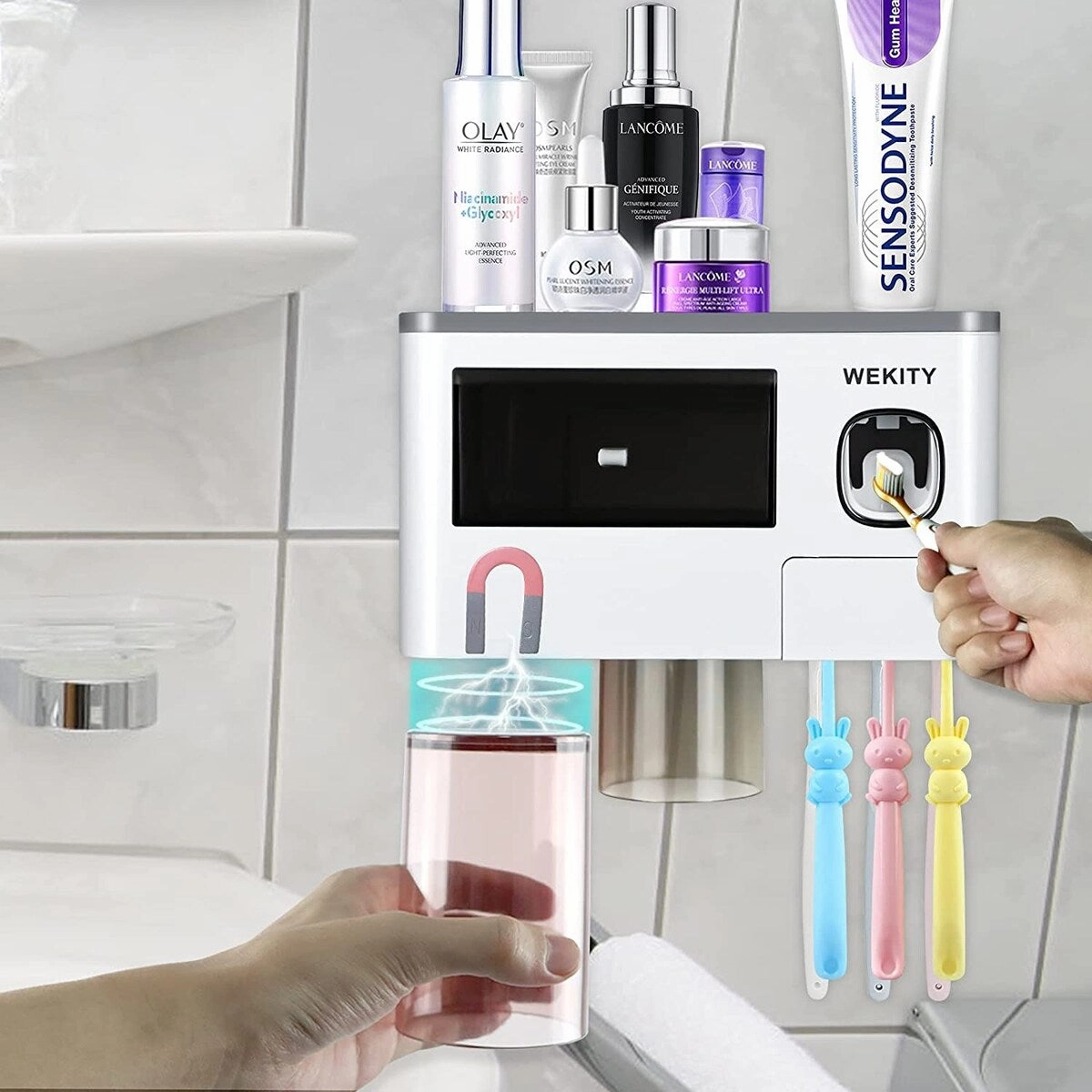 Multi-Functional Bathroom Toothbrush Holder Wall Mounted Set with Toothpaste Dispenser - Grey