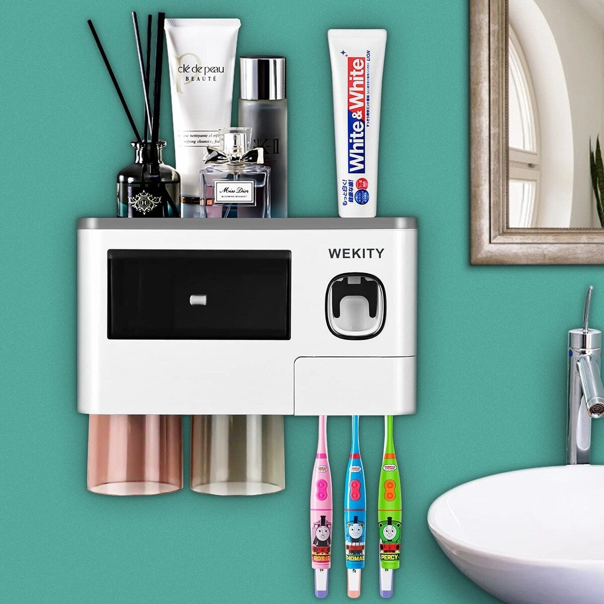 Multi-Functional Bathroom Toothbrush Holder Wall Mounted Set with Toothpaste Dispenser - Grey