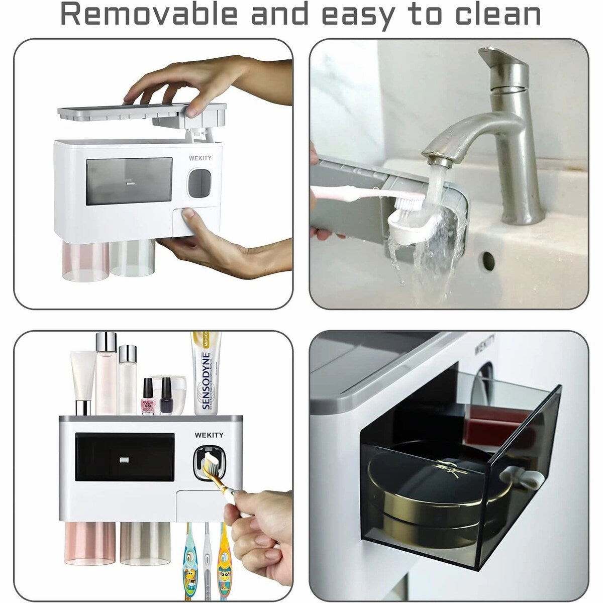 Multi-Functional Bathroom Toothbrush Holder Wall Mounted Set with Toothpaste Dispenser - Grey