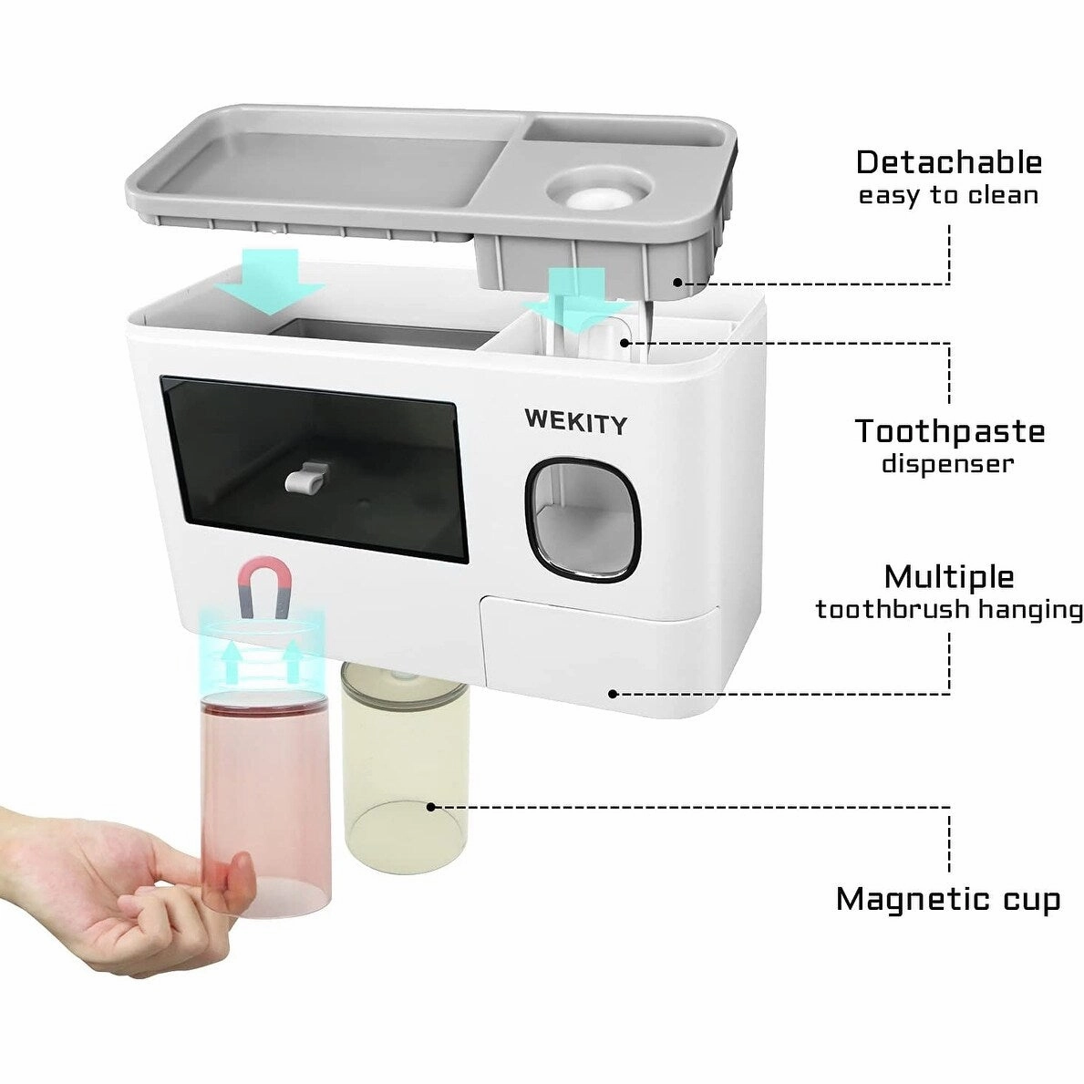 Multi-Functional Bathroom Toothbrush Holder Wall Mounted Set with Toothpaste Dispenser - Grey