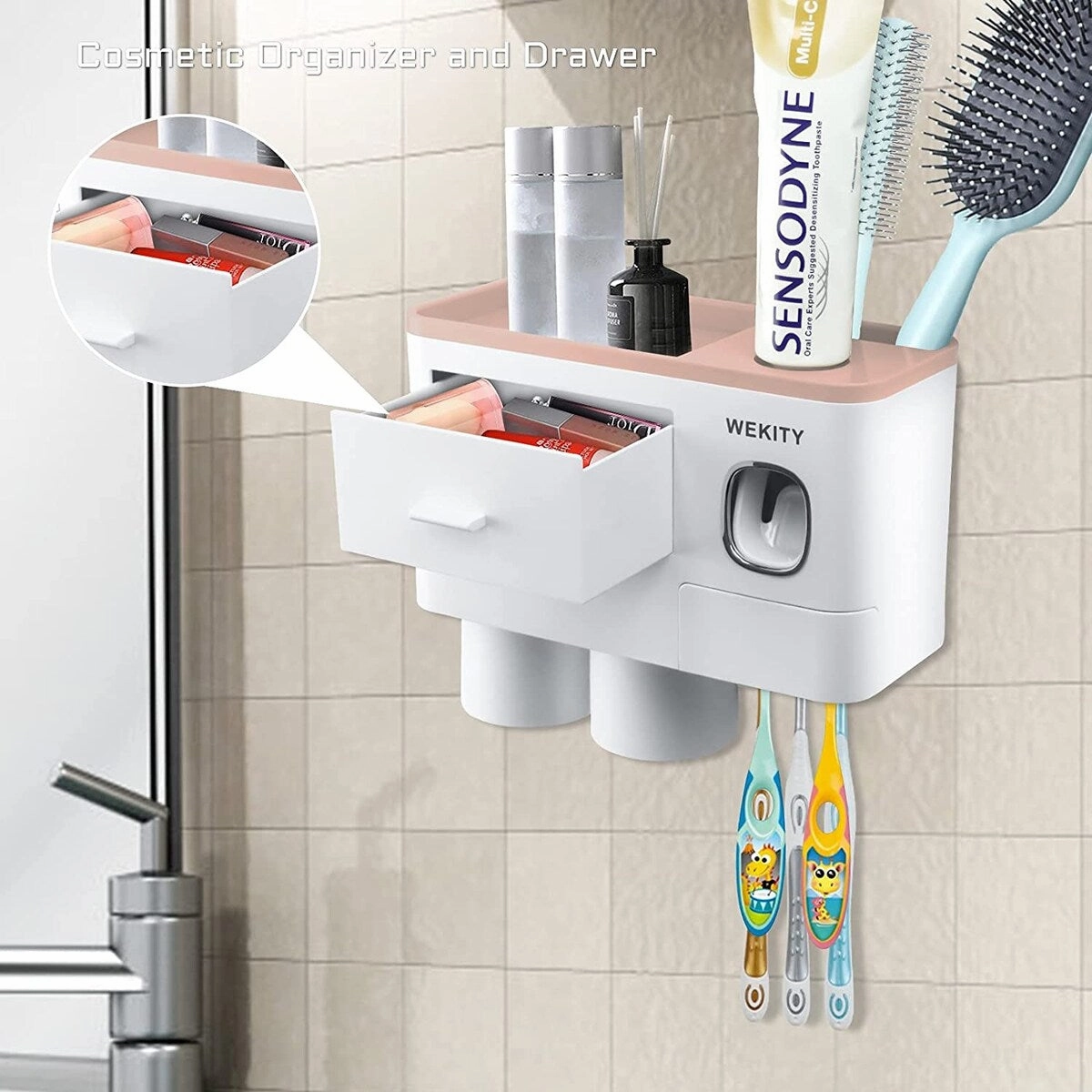 Multifunctional Wall-Mounted Toothbrush Holder with 2 Cups and Drawers Cosmetic Organizer - Pink