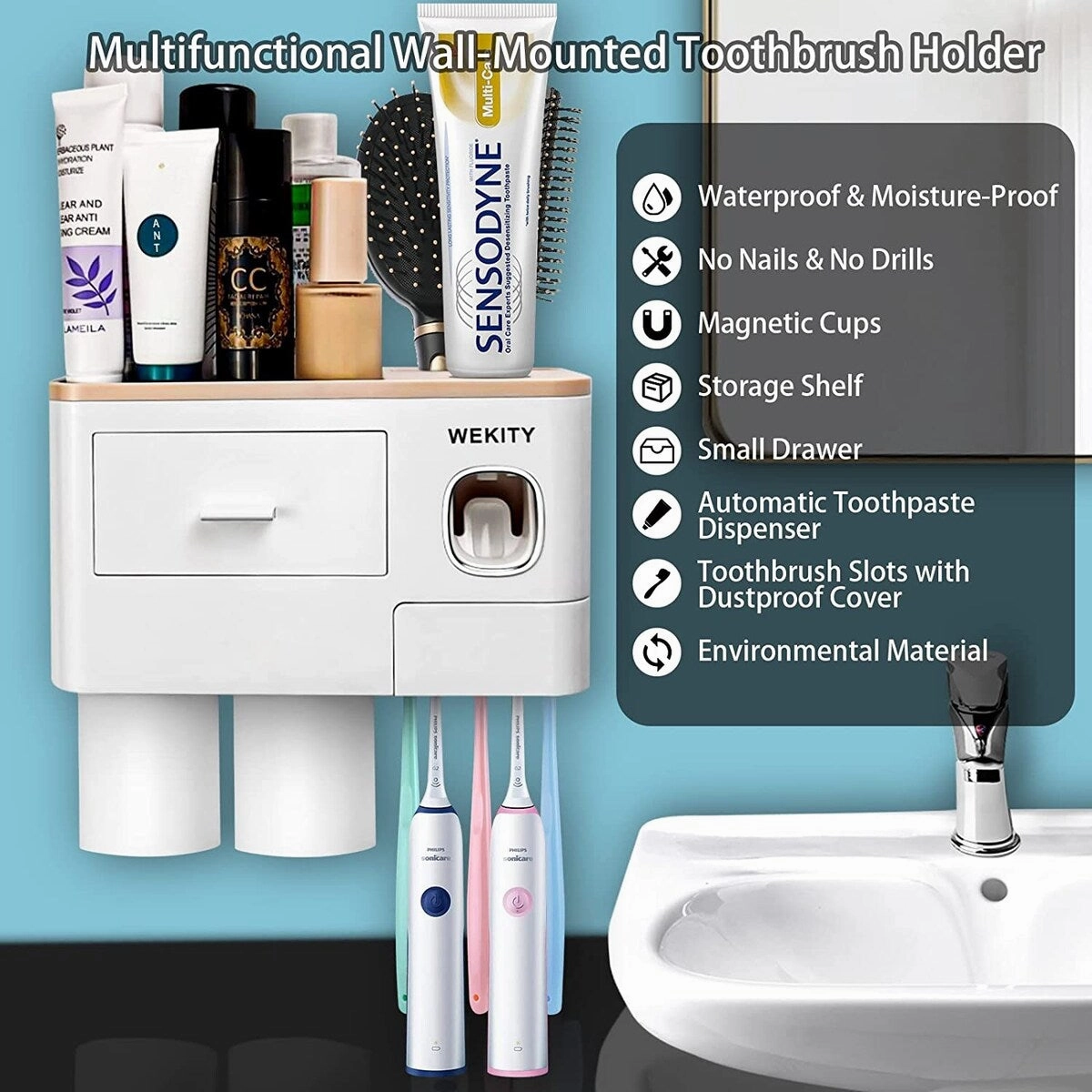 Multifunctional Wall-Mounted Toothbrush Holder with 2 Cups and Drawers Cosmetic Organizer - Pink