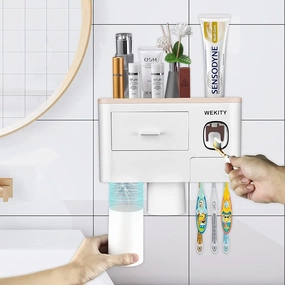 Multifunctional Wall-Mounted Toothbrush Holder with 2 Cups and Drawers Cosmetic Organizer - Pink toothbrush holder,bathroom cup,bathroom organizer