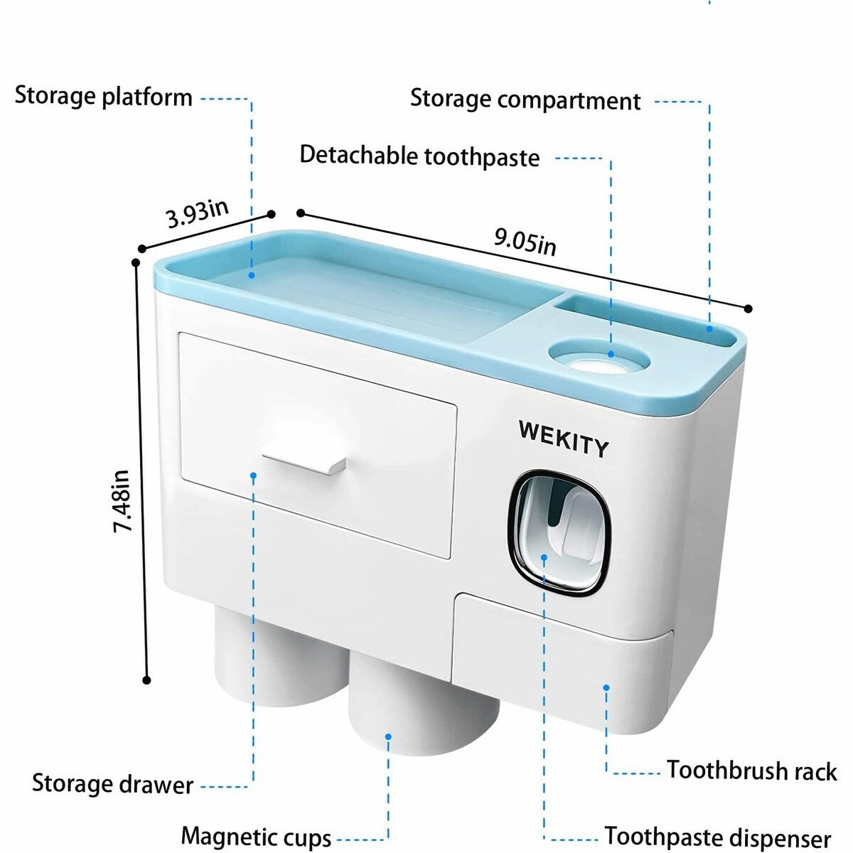 Multifunctional Wall-Mounted Toothbrush Holder With 2 Cups and Drawers Cosmetic Organizer(Blue) - Blue
