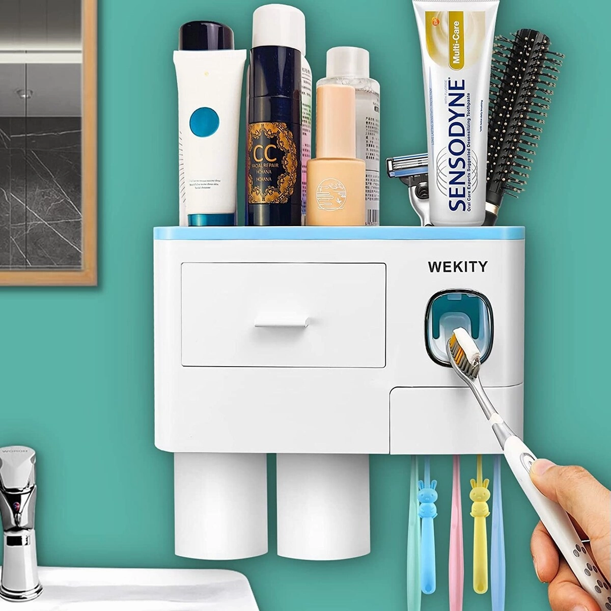 Multifunctional Wall-Mounted Toothbrush Holder With 2 Cups and Drawers Cosmetic Organizer(Blue) - Blue toothbrush holder,bathroom cup,bathroom organizer